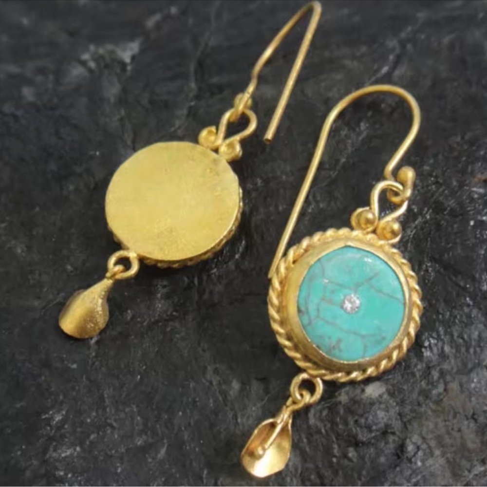 Victorian Gold Turquoise Vintage Earrings - Picture 2 of 6